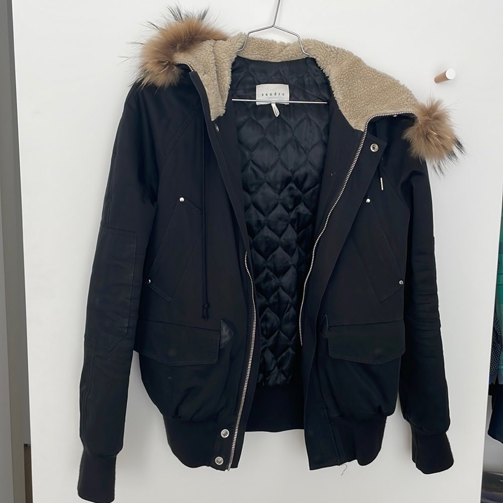 Sandro winter jacket with fur trimmed hood and leather details